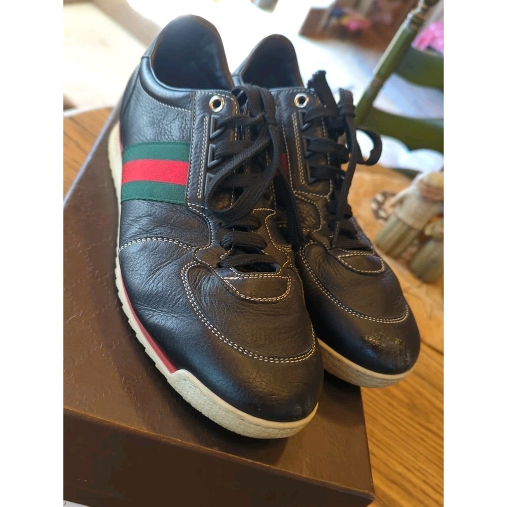 Gucci GG Web Stripe Sneakers Black Leather Size 8 US Low Top Lace-Up Trainer Box